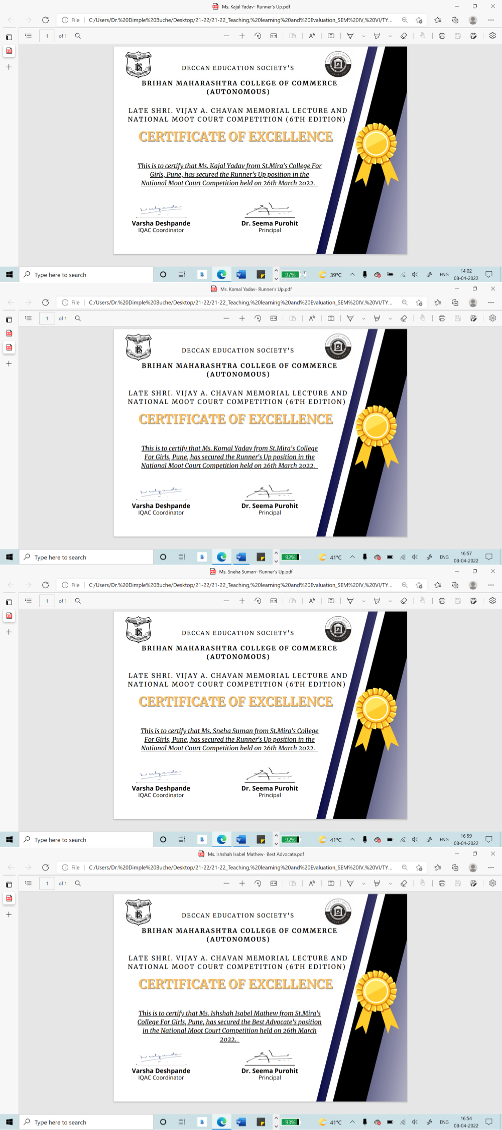 Certificates of Winners