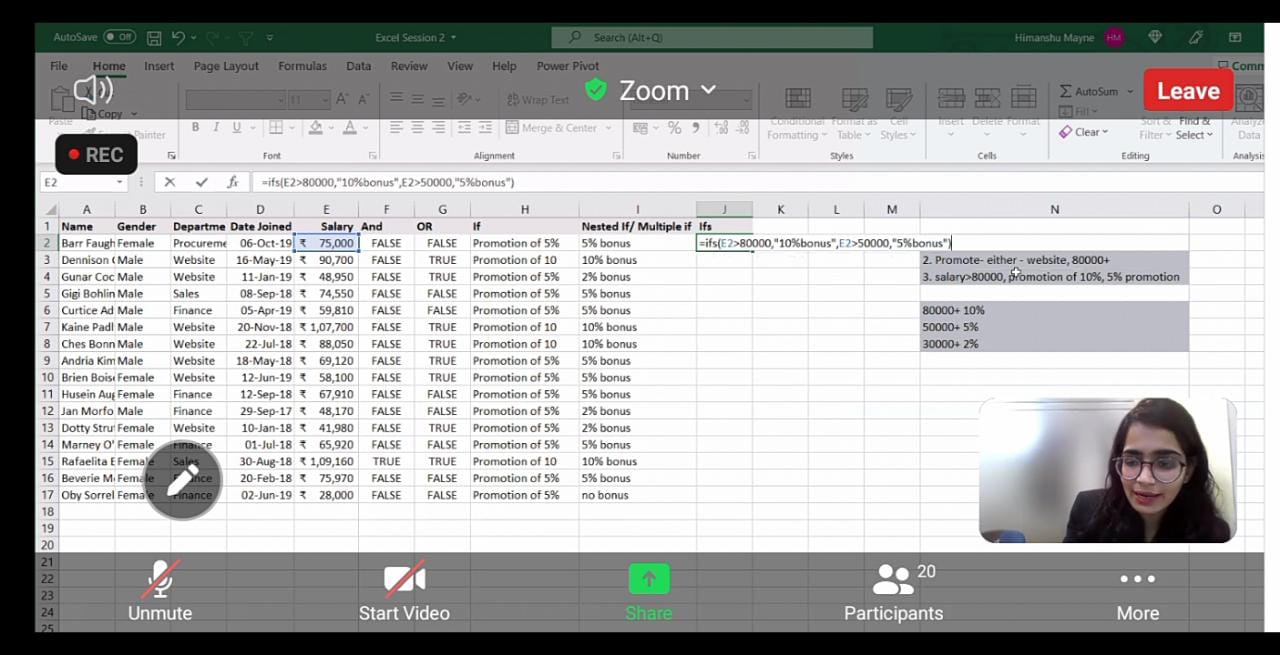 Workshop on Advanced Excel-Radhika Patel explaining formula